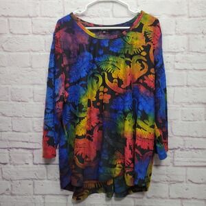 Calessa Rainbow Burnout Tunic Top Blouse 3X Long‎ Sleeve Floral Boho Loungewear